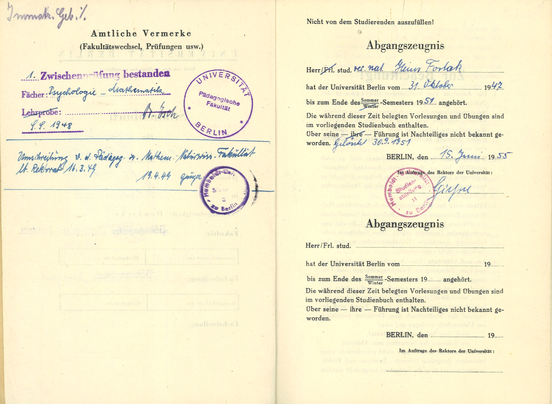 Studienbuchseite Heinz Fortak 1947-1955 Universität Berlin