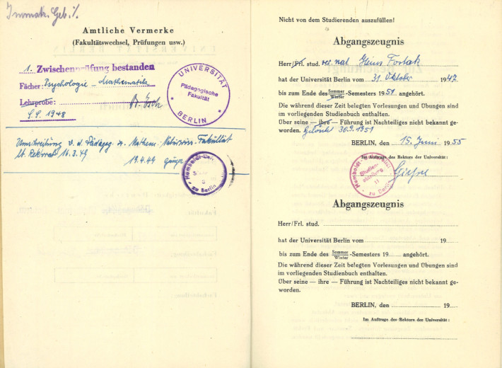 Studienbuchseite Heinz Fortak 1947-1955 Universität Berlin